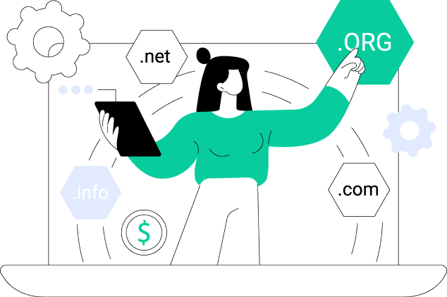 Illustration of a person interacting with domain extension icons including .org, .net, .info, and .com